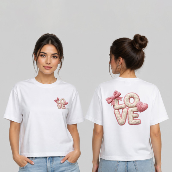 تیشرت چاپی یقه گرد باکسی زنانه طرح LOVE
