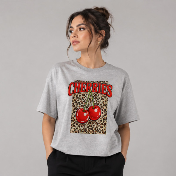 تیشرت چاپی یقه گرد باکسی زنانه طرح Cherries ملانژ